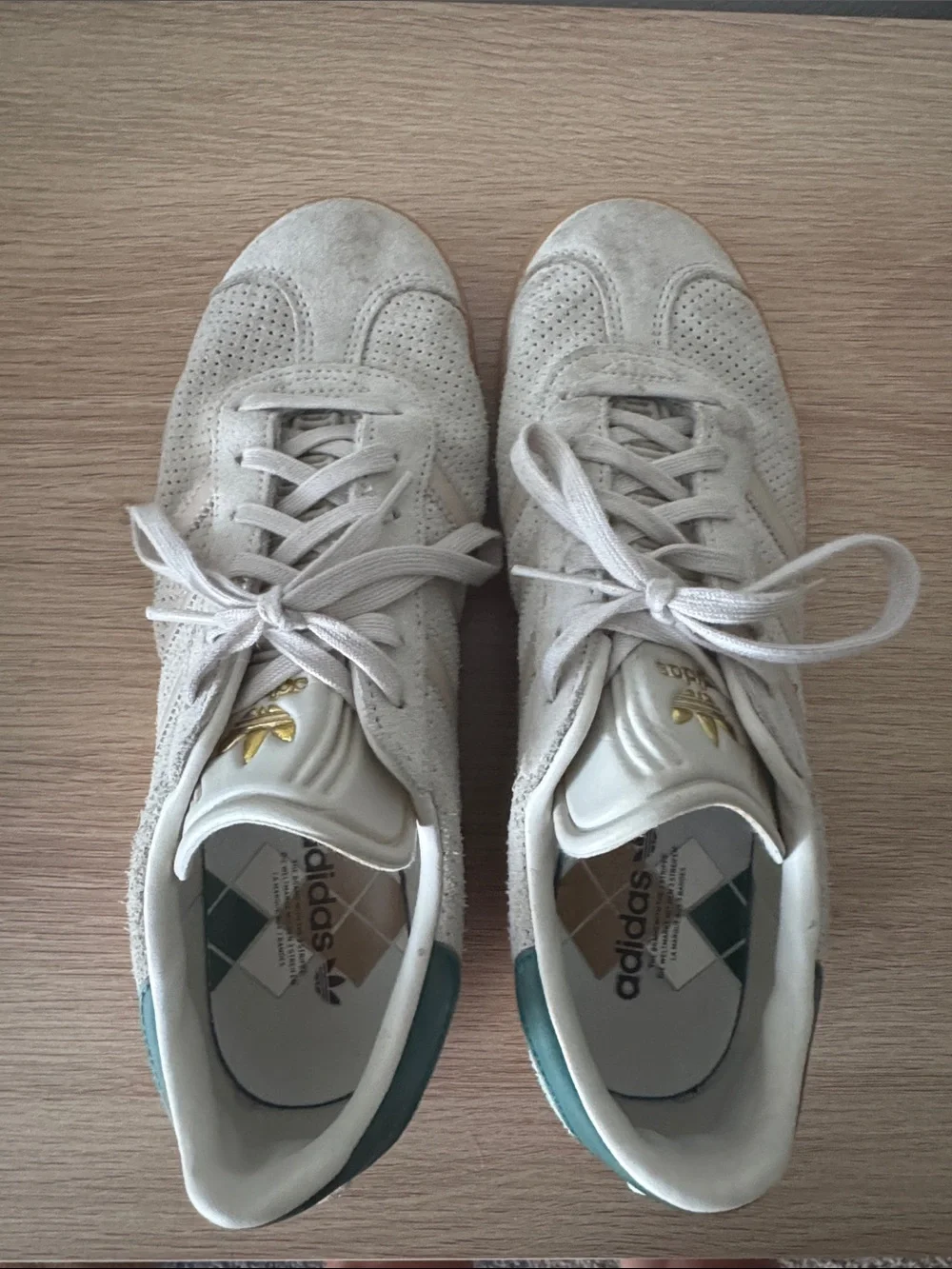 adidas Women’s Suede Sneaker in Light Beige with Teal Heel